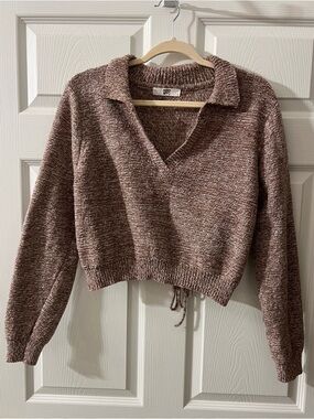 Brown Marled V-Neck Collared Cropped Sweater